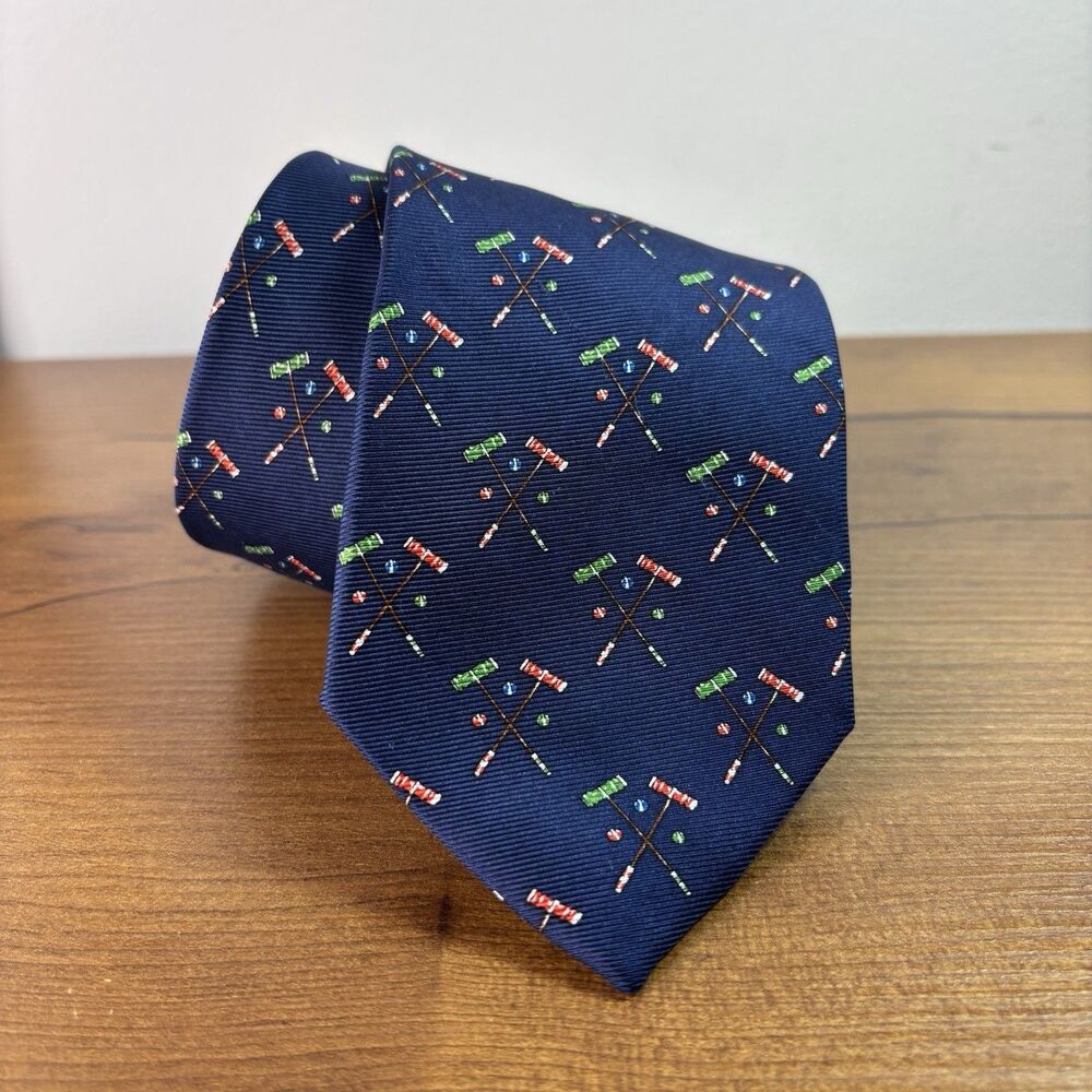 Southern Proper Silk Tie Navy Blue Croquet Mallets Lawn Sports Preppy USA Made